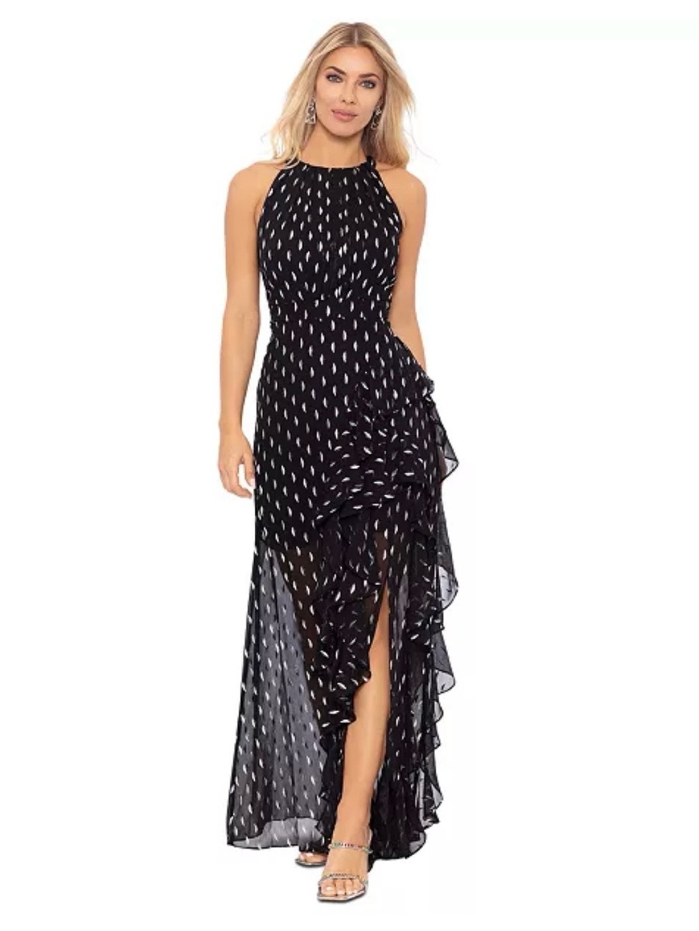 Betsy & Adam Black Silver Maxi Halter Dress Ruffle Asymmetrical hem size 16